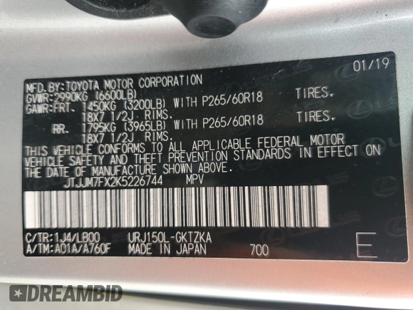 2019 Lexus GX with VIN JTJJM7FX2K5226744, listed as a Copart auction lot 73939794 with 0 mi miles and Non Repairable. Bid and sale history available at carsss.com. Image 14.