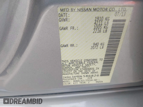 2013 Nissan Altima S with VIN 1N4AL3AP8DN586826, listed as a IAAI auction lot 42133563 with 147,562 mi miles and . Bid and sale history available at DreamBid. Image 9.
