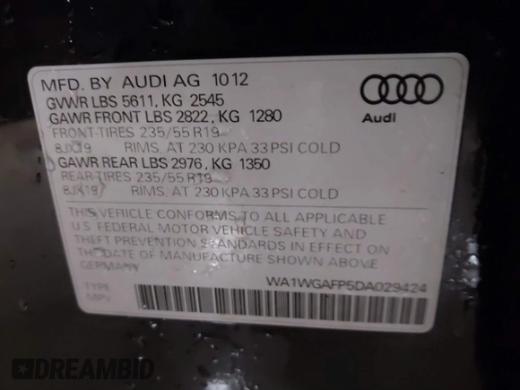 2013 Audi Q5 Prestige with VIN WA1WGAFP5DA029424, listed as a IAAI auction lot 41618414 with 112,772 mi miles and . Bid and sale history available at DreamBid. Image 9.