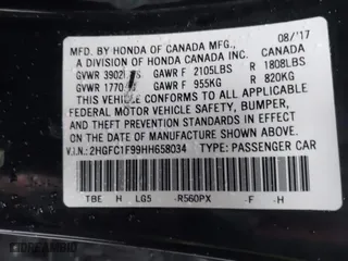 2017 Honda Civic Sedan Touring with VIN 2HGFC1F99HH658034, listed as a IAAI auction lot 41563627 with 140,819 mi miles. Bid and sale history available at carsss.com. Image 9.
