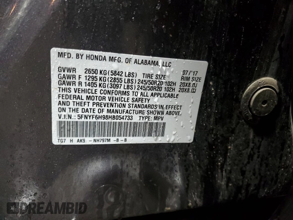 2017 Honda Pilot Touring with VIN 5FNYF6H98HB054733, listed as a Copart auction lot 51088595 with 87,293 mi miles and Salvage Title. Bid and sale history available at carsss.com. Image 14.