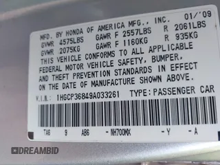 2009 Honda Accord EX-L with VIN 1HGCP36849A033261, listed as a IAAI auction lot 42116876 with 301,126 mi miles and . Bid and sale history available at DreamBid. Image 9.