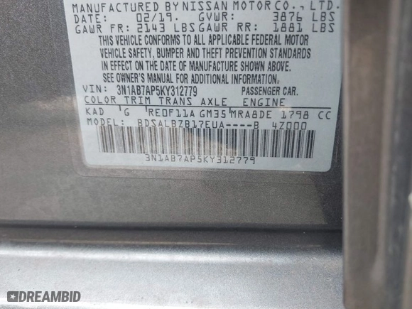 2019 Nissan Sentra S with VIN 3N1AB7AP5KY312779, listed as a IAAI auction lot 41421401 with 118,993 mi miles. Bid and sale history available at carsss.com. Image 9.