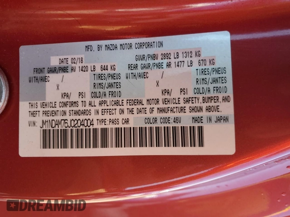 2018 Mazda MX-5 Miata RF Grand Touring with VIN JM1NDAM76J0204004, listed as a Copart auction lot 73985134 with 0 mi miles and Non Repairable. Bid and sale history available at carsss.com. Image 13.