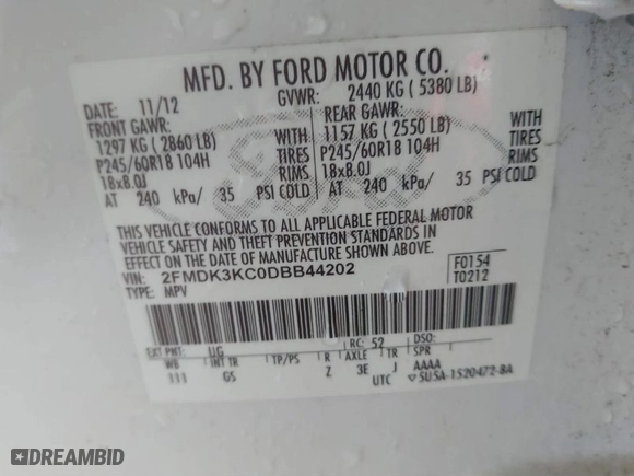2013 Ford Edge Limited with VIN 2FMDK3KC0DBB44202, listed as a IAAI auction lot 41539516 with 248,682 mi miles. Bid and sale history available at carsss.com. Image 9.
