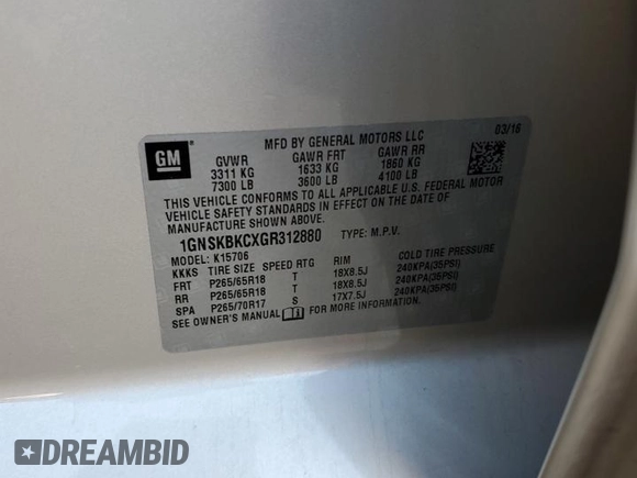 2016 Chevrolet Tahoe LT with VIN 1GNSKBKCXGR312880, listed as a Copart auction lot 45769255 with 180,025 mi miles and Salvage Title. Bid and sale history available at DreamBid. Image 13.