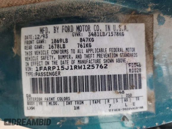 1994 Ford Escort z VIN 1FARP15J1RW125762, wystawiony jako Copart lot #85853184 z przebiegiem 75 229 mil mil oraz Szkoda całkowita • Salvage title. Historia ofert i sprzedaży dostępna na DreamBid. Obrazek 12.