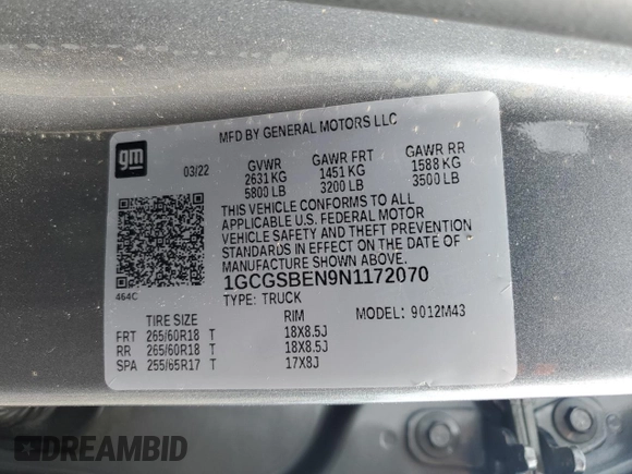2022 Chevrolet Colorado 2WD Work Truck with VIN 1GCGSBEN9N1172070, listed as a Copart auction lot 64903605 with 53,398 mi miles and Salvage title. Bid and sale history available at DreamBid. Image 12.