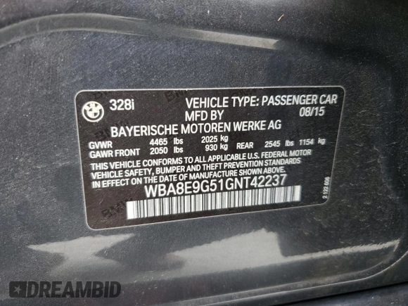 2016 BMW 3 Series 328i with VIN WBA8E9G51GNT42237, listed as a Copart auction lot 59909605 with 117,908 mi miles and Salvage title. Bid and sale history available at DreamBid. Image 12.