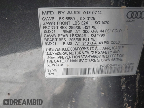 2015 Audi Q7 3.0T S line Prestige with VIN WA1DGAFE4FD004070, listed as a IAAI auction lot 41600288 with 157,842 mi miles. Bid and sale history available at carsss.com. Image 9.