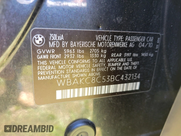 2011 BMW 7 Series 750Li xDrive с VIN WBAKC8C53BC432134, выставлен на аукционе IAAI как лот 42031980 с пробегом 178 018 миль миль и . История ставок и продаж доступна на DreamBid. Изображение 9.