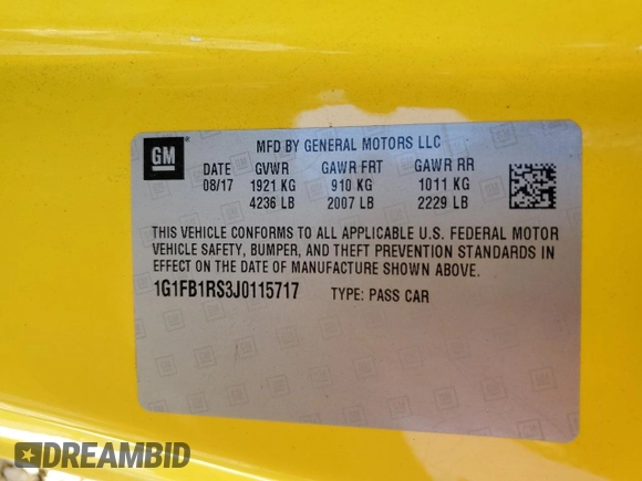 2018 Chevrolet Camaro 1LT with VIN 1G1FB1RS3J0115717, listed as a Copart auction lot 62285642 with 56,485 mi miles. Bid and sale history available at carsss.com. Image 10.
