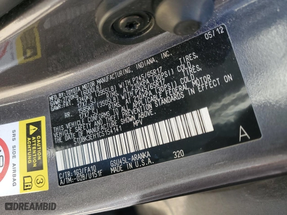 2012 Toyota Highlander with VIN 5TDBK3EH1CS154141, listed as a Copart auction lot 52129045 with 113,588 mi miles and Salvage Title. Bid and sale history available at carsss.com. Image 12.