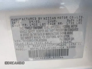 2024 Nissan Versa S with VIN 3N1CN8DV0RL820066, listed as a IAAI auction lot 42563864 with 38,749 mi miles and . Bid and sale history available at DreamBid. Image 9.