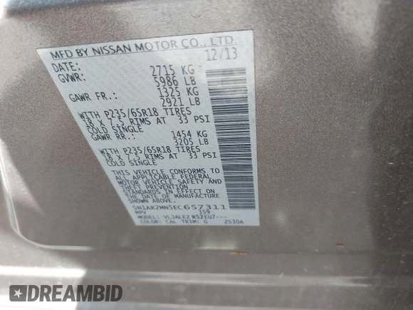 2014 Nissan Pathfinder SL with VIN 5N1AR2MN5EC657311, listed as a IAAI auction lot 42741251 with 163,382 mi miles and . Bid and sale history available at DreamBid. Image 9.