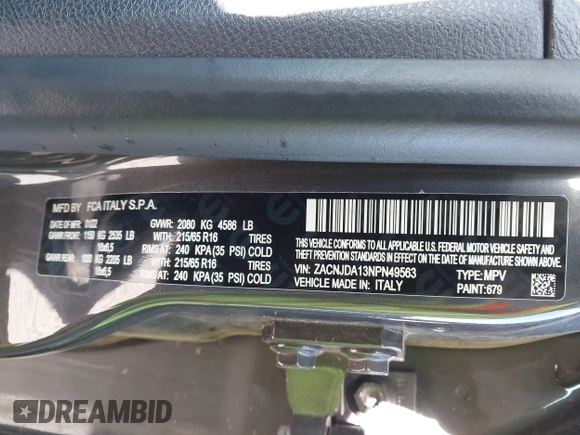 2022 Jeep Renegade Sport with VIN ZACNJDA13NPN49563, listed as a IAAI auction lot 42183338 with 17,945 mi miles and . Bid and sale history available at DreamBid. Image 9.