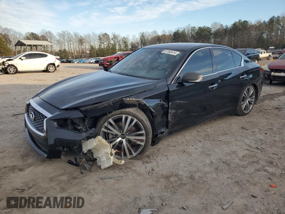 2021 Infiniti Q50 Signature Edition with VIN JN1EV7CP7MM700575, listed as a Copart auction lot 87163414 with 92,864 mi miles and Salvage title. Bid and sale history available at DreamBid. Image 1.