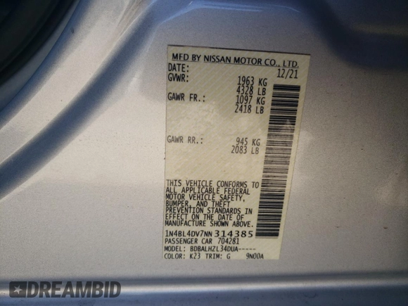 2022 Nissan Altima 2.5 SV with VIN 1N4BL4DV7NN314385, listed as a Copart auction lot 48263665 with 47,006 mi miles and Salvage Title. Bid and sale history available at carsss.com. Image 12.
