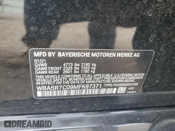 2021 BMW 3 Series 330i xDrive with VIN WBA5R7C09MFK87371, listed as a Copart auction lot 81160724 with 46,817 mi miles and Salvage Title. Bid and sale history available at carsss.com. Image 12.