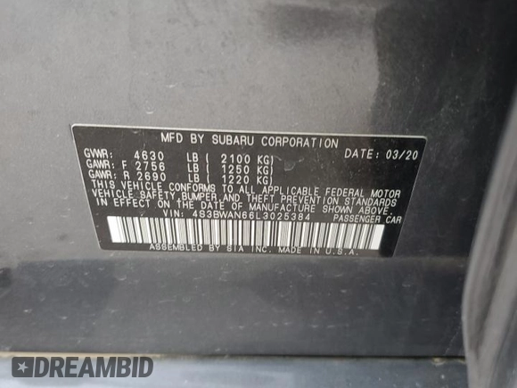 2020 Subaru Legacy Limited with VIN 4S3BWAN66L3025384, listed as a Copart auction lot 49319485 with 26,504 mi miles and Salvage Title. Bid and sale history available at DreamBid. Image 15.