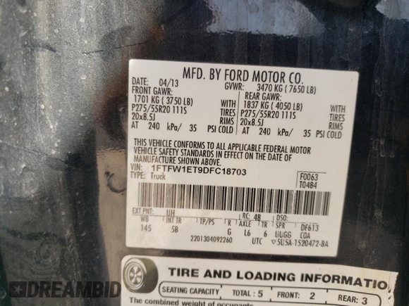 2013 Ford F-150 XL with VIN 1FTFW1ET9DFC18703, listed as a Copart auction lot 46942035 with 177,984 mi miles and Salvage Title. Bid and sale history available at carsss.com. Image 13.