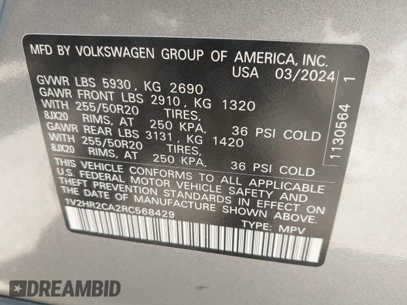 2024 Volkswagen Atlas SE with VIN 1V2HR2CA2RC568429, listed as a IAAI auction lot 42371188 with 18,903 mi miles and . Bid and sale history available at DreamBid. Image 9.