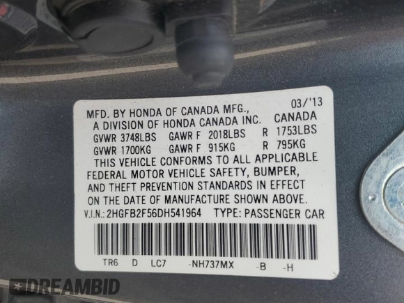 2013 Honda Civic LX z VIN 2HGFB2F56DH541964, wystawiony jako Copart lot #60200135 z przebiegiem 219 631 mil mil oraz Czysty tytuł • Clean title. Historia ofert i sprzedaży dostępna na DreamBid. Obrazek 12.