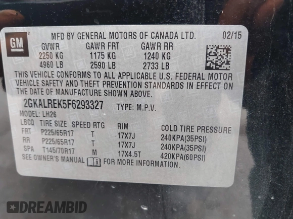 2015 GMC Terrain SLE with VIN 2GKALREK5F6293327, listed as a IAAI auction lot 42000478 with 172,126 mi miles. Bid and sale history available at carsss.com. Image 9.