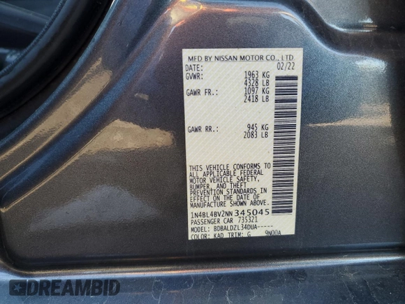 2022 Nissan Altima S z VIN 1N4BL4BV2NN345045, wystawiony jako Copart lot #56318615 z przebiegiem 109 670 mil mil oraz Szkoda całkowita • Salvage title. Historia ofert i sprzedaży dostępna na DreamBid. Obrazek 12.