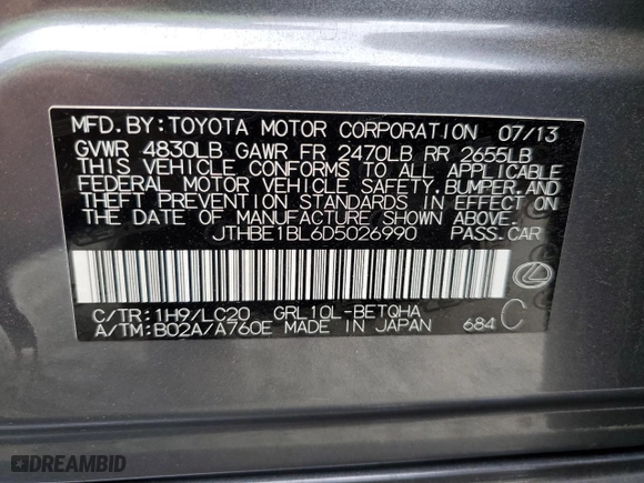 2013 Lexus GS 350 with VIN JTHBE1BL6D5026990, listed as a Copart auction lot 67539764 with NaN miles and Salvage Title. Bid and sale history available at carsss.com. Image 12.