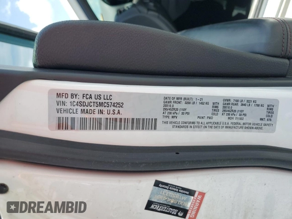 2021 Dodge Durango R/T с VIN 1C4SDJCT5MC574252, выставлен на аукционе Copart как лот 58868415 с пробегом 68 865 миль миль и Чистый • Clean title. История ставок и продаж доступна на DreamBid. Изображение 14.
