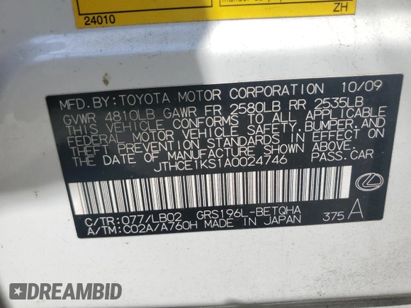 2010 Lexus GS 350 with VIN JTHCE1KS1A0024746, listed as a Copart auction lot 52348905 with 175,931 mi miles and Clean Title. Bid and sale history available at DreamBid. Image 12.