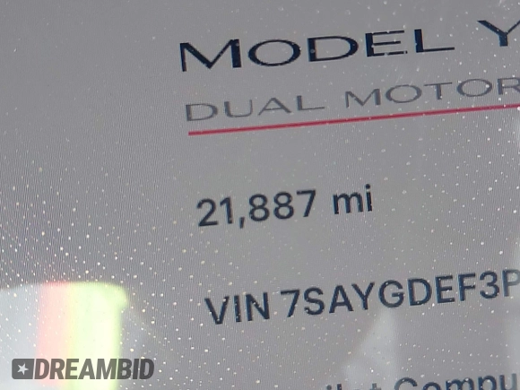 2023 Tesla Model Y Performance with VIN 7SAYGDEF3PF711497, listed as a IAAI auction lot 41877450 with 21,887 mi miles and . Bid and sale history available at DreamBid. Image 15.