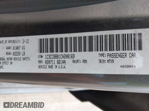 2012 Chrysler 200 Touring with VIN 1C3CCBBB1CN208169, listed as a IAAI auction lot 41884897 with 184,073 mi miles. Bid and sale history available at carsss.com. Image 9.