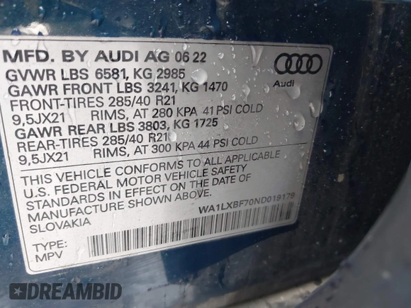 2022 Audi Q7 Premium Plus with VIN WA1LXBF70ND019179, listed as a IAAI auction lot 41825747 with 29,097 mi miles and . Bid and sale history available at DreamBid. Image 9.