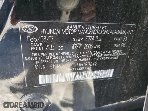 2017 Hyundai Elantra SE with VIN 5NPD74LF7HH190642, listed as a Copart auction lot 64102815 with 124,615 mi miles and Clean title. Bid and sale history available at DreamBid. Image 12.