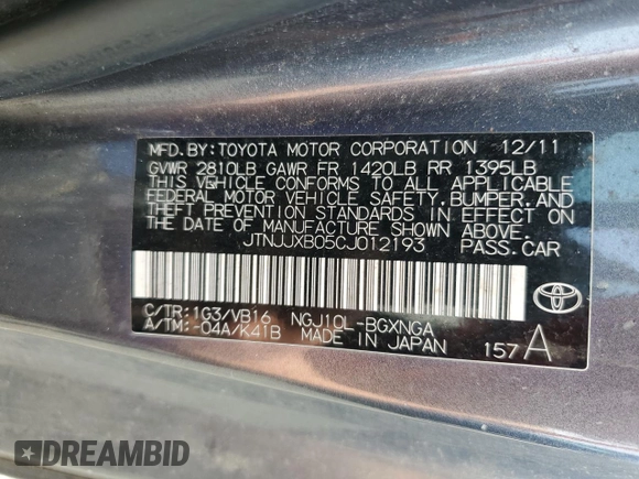 2012 Scion iQ z VIN JTNJJXB05CJ012193, wystawiony jako Copart lot #52180495 z przebiegiem Nie podano mil oraz Szkoda całkowita • Salvage title. Historia ofert i sprzedaży dostępna na DreamBid. Obrazek 12.