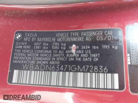 2001 BMW 5 Series 540i with VIN WBADN63471GM72836, listed as a IAAI auction lot 42602830 with Not provided miles and . Bid and sale history available at DreamBid. Image 9.