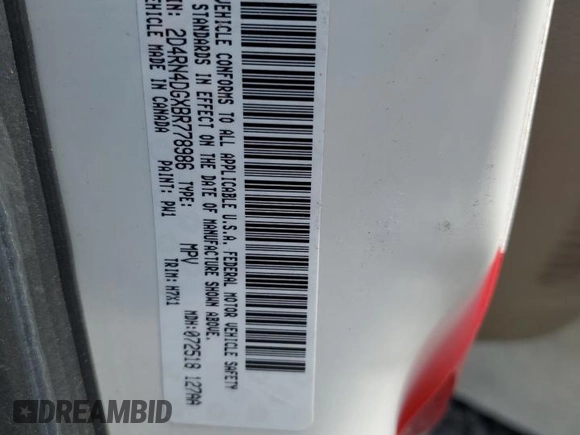 2011 Dodge Grand Caravan SXT with VIN 2D4RN4DGXBR778986, listed as a Copart auction lot 56469464 with Not Provided miles and Salvage Title. Bid and sale history available at DreamBid. Image 13.