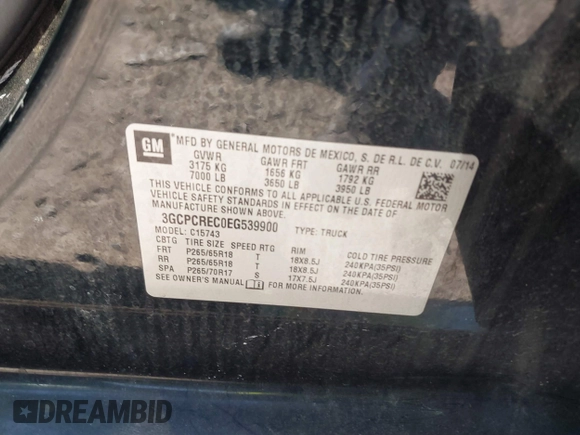2014 Chevrolet Silverado 1500 LT with VIN 3GCPCREC0EG539900, listed as a IAAI auction lot 41883206 with 163,783 mi miles. Bid and sale history available at carsss.com. Image 9.