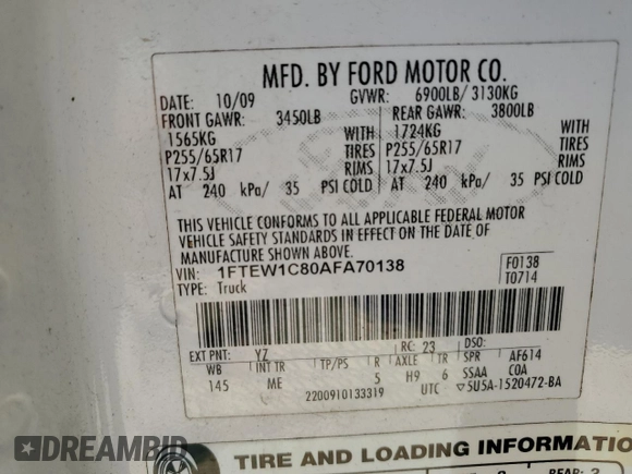2010 Ford F-150 XL with VIN 1FTEW1C80AFA70138, listed as a Copart auction lot 53135735 with 209,803 mi miles and Salvage Title. Bid and sale history available at carsss.com. Image 12.