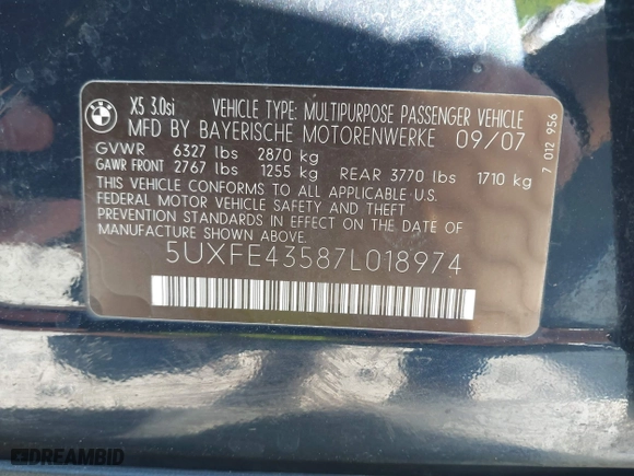 2007 BMW X5 3.0si with VIN 5UXFE43587L018974, listed as a IAAI auction lot 41842712 with 1 mi miles. Bid and sale history available at carsss.com. Image 9.