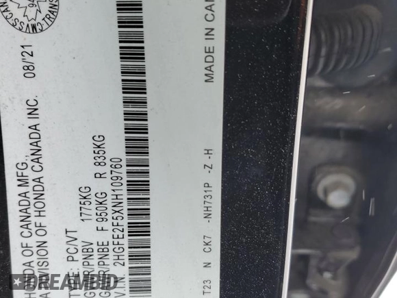 2022 Honda Civic Sedan Sport with VIN 2HGFE2F5XNH109760, listed as a Copart auction lot 42228925 with 111,046 mi miles and Salvage Title. Bid and sale history available at carsss.com. Image 12.
