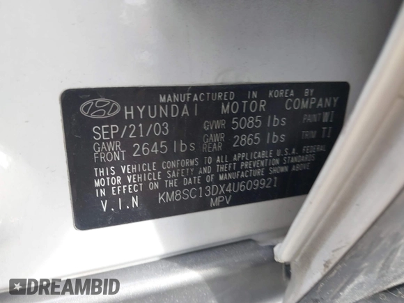 2004 Hyundai Santa Fe GLS with VIN KM8SC13DX4U609921, listed as a IAAI auction lot 41619492 with 113,592 mi miles. Bid and sale history available at carsss.com. Image 9.