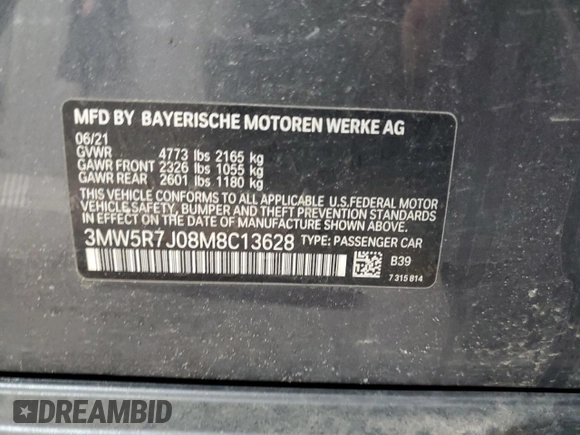 2021 BMW 3 Series 330i xDrive with VIN 3MW5R7J08M8C13628, listed as a Copart auction lot 48145365 with 48,457 mi miles and Salvage Title. Bid and sale history available at carsss.com. Image 13.