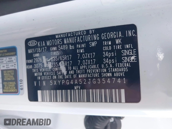 2018 Kia Sorento LX with VIN 5XYPG4A52JG354741, listed as a IAAI auction lot 41626561 with 91,242 mi miles and . Bid and sale history available at DreamBid. Image 9.