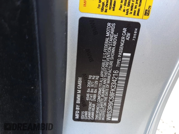 2015 BMW M4 with VIN WBS3R9C58FK334216, listed as a Copart auction lot 61497804 with 112,191 mi miles and Salvage Title. Bid and sale history available at carsss.com. Image 12.