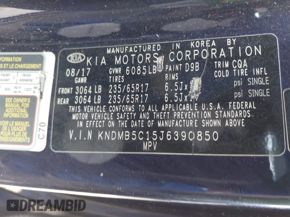 2018 Kia Sedona LX with VIN KNDMB5C15J6390850, listed as a IAAI auction lot 41667222 with 114,879 mi miles. Bid and sale history available at carsss.com. Image 9.