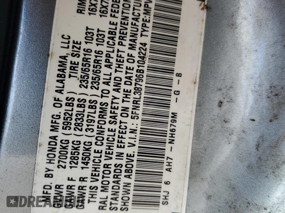 2006 Honda Odyssey EX-L z VIN 5FNRL38796B104224, wystawiony jako Copart lot #59049985 z przebiegiem 161 476 mil mil oraz Czysty tytuł • Clean title. Historia ofert i sprzedaży dostępna na DreamBid. Obrazek 13.