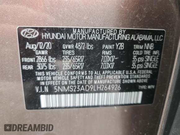 2020 Hyundai Santa Fe SE with VIN 5NMS23AD9LH264926, listed as a Copart auction lot 53809265 with 57,780 mi miles and Salvage title. Bid and sale history available at DreamBid. Image 13.